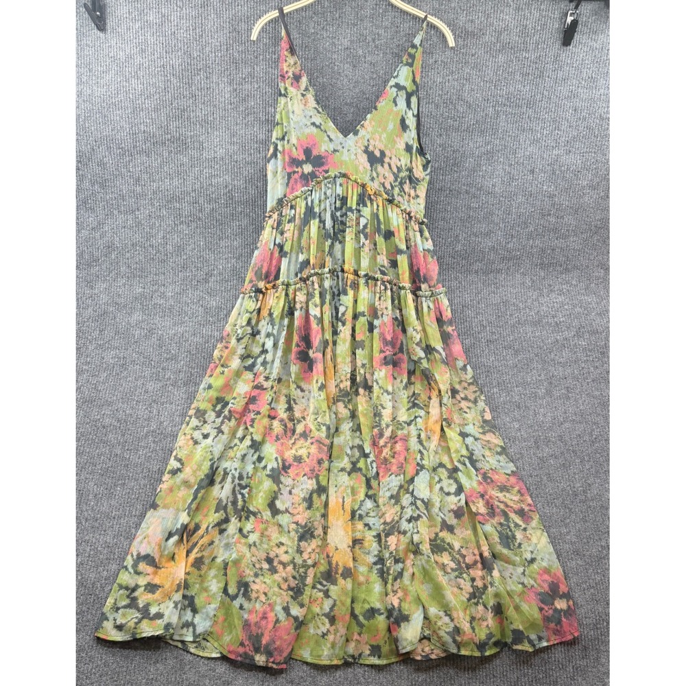 Free People Julianna Maxi Dress Small Green Floral Tiered Chiffon Boho Chich